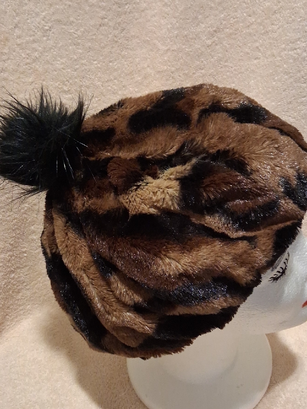 Vintage Adrienne Landau Leopard Faux Fur Pom Beanie - Brown & Black